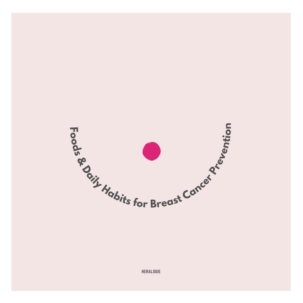 Minimalist design showing a pink dot with curved text about breast health and prevention tips.