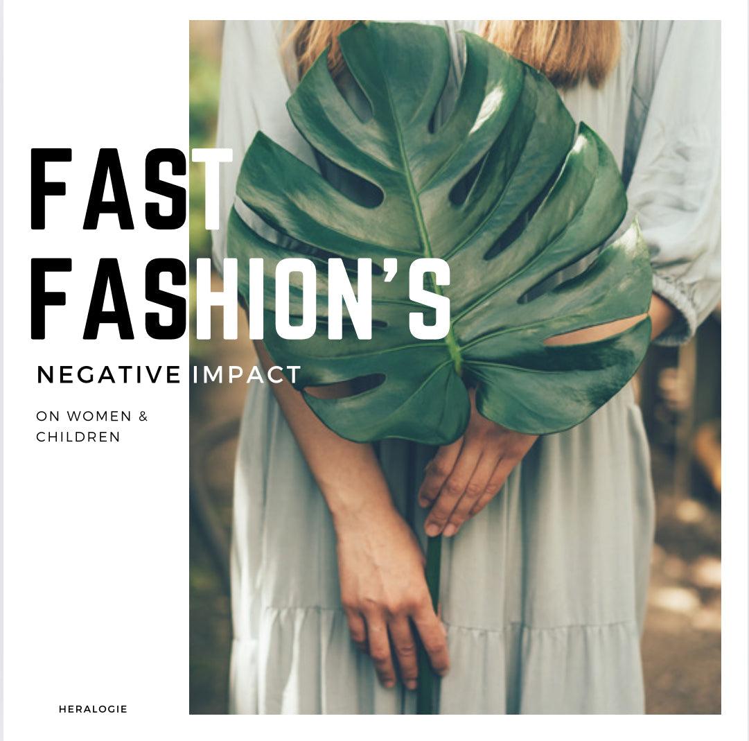 Woman in soft grey dress holding large monstera leaf, highlighting fast fashion impact