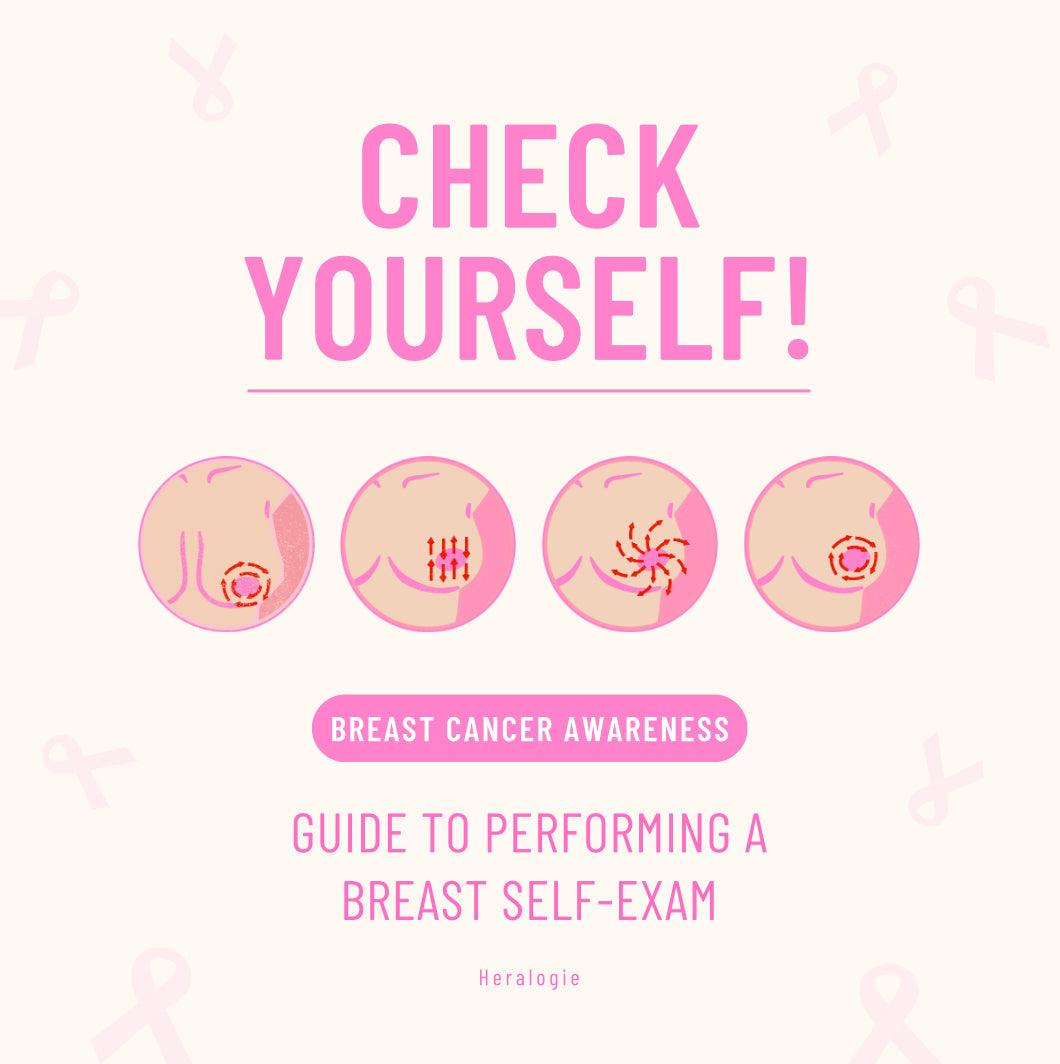 Breast cancer awareness guide showing breast self-exam steps with pink illustrations.