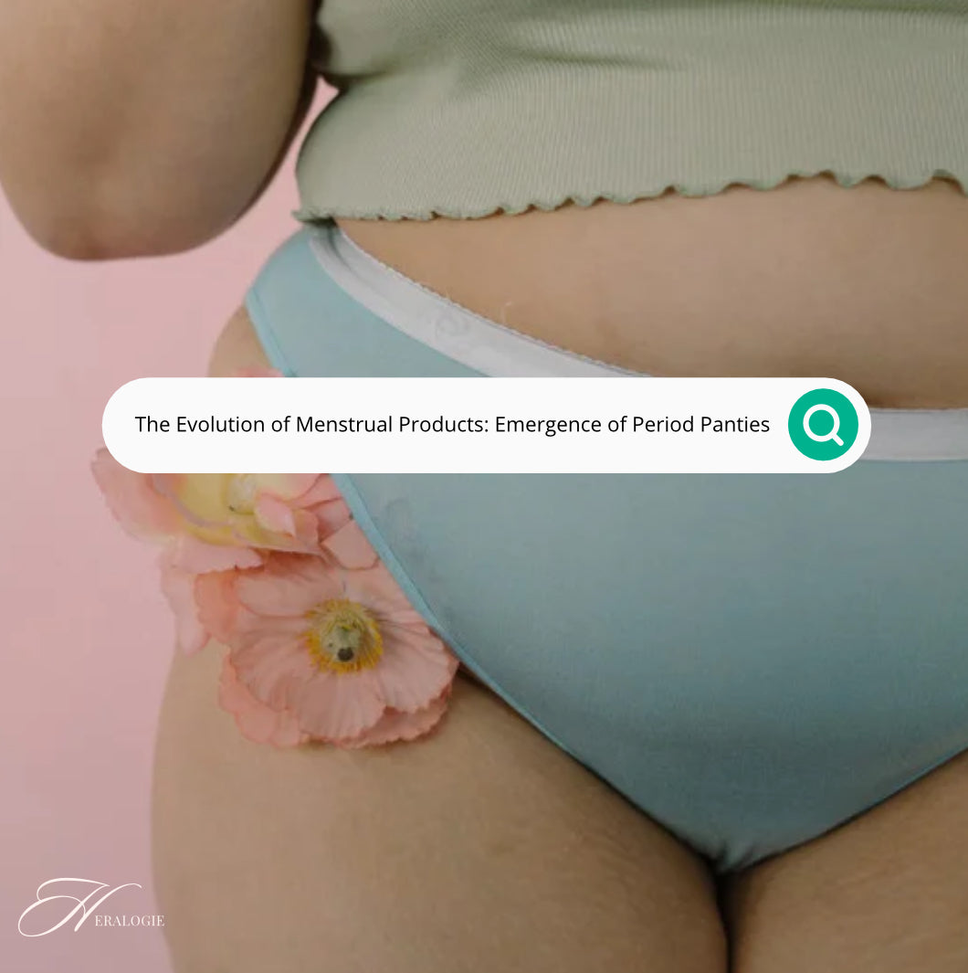 Close-up of person wearing blue period underwear with pink flowers and search bar overlay.
