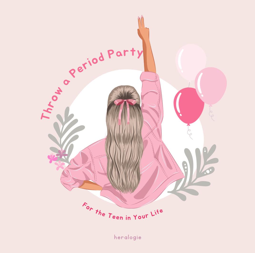 Illustration of a girl in pink celebrating with balloons, themed for a period party for teens.