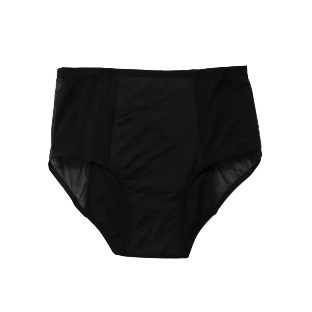 Black high-waisted leak-proof heavy absorbency period underwear on plain background