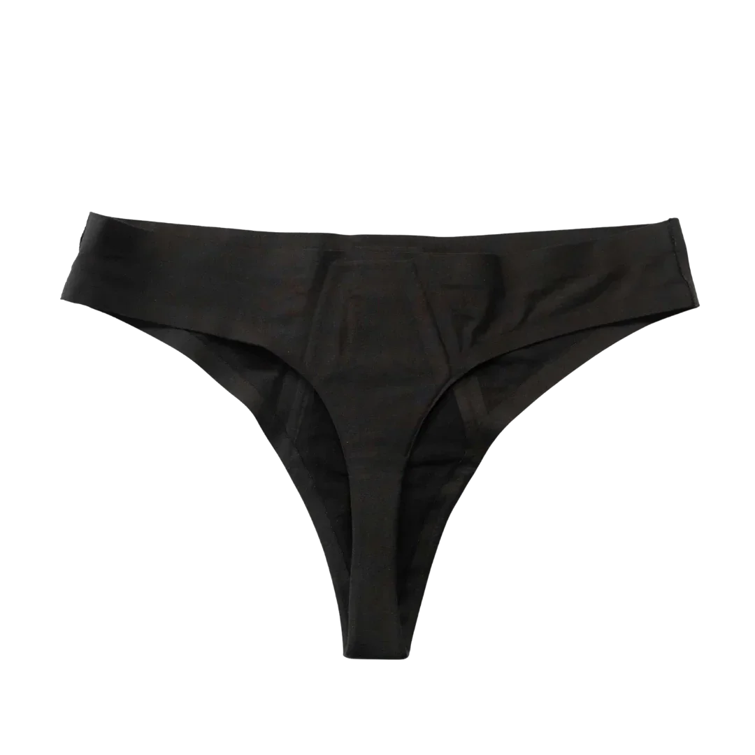 Black leak-proof period underwear with wide waistband and absorbent core, front view