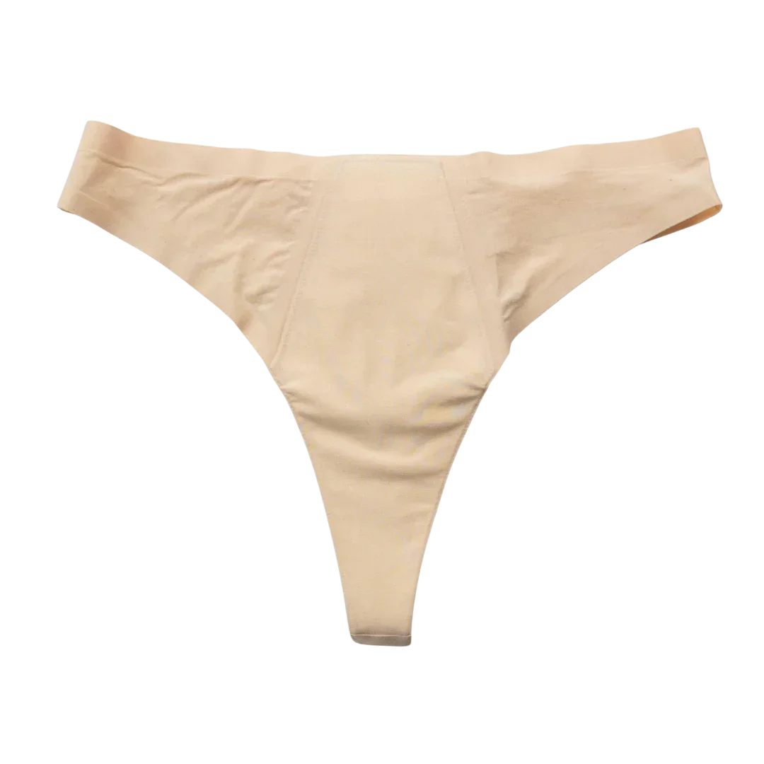 Beige leak-proof period thong underwear with seamless design on white background