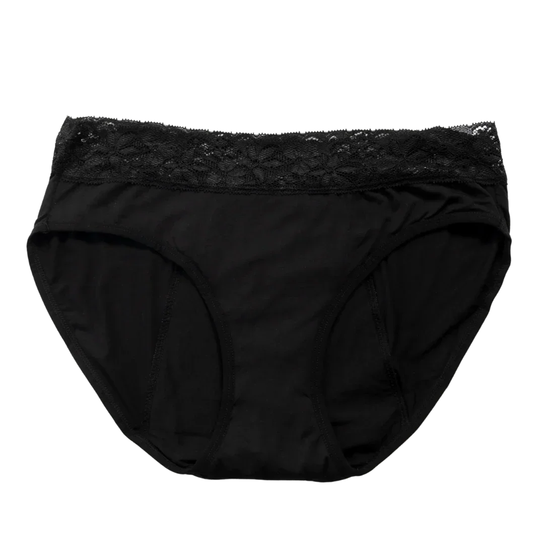 Black period underwear with lace waistband, leak-proof and PFAS-free design