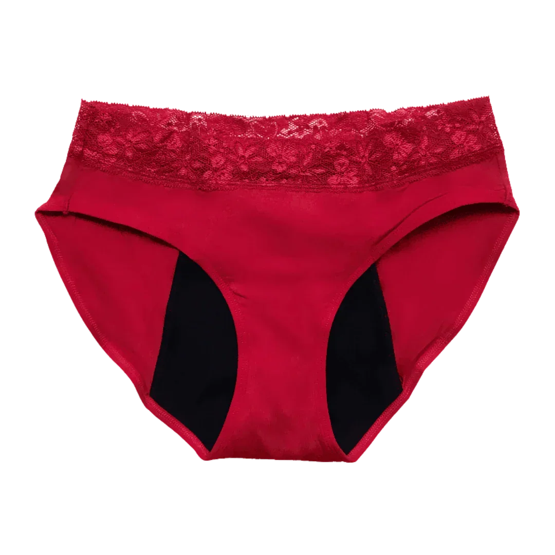 Red period underwear with floral lace waistband, leak-proof and PFAS-free design