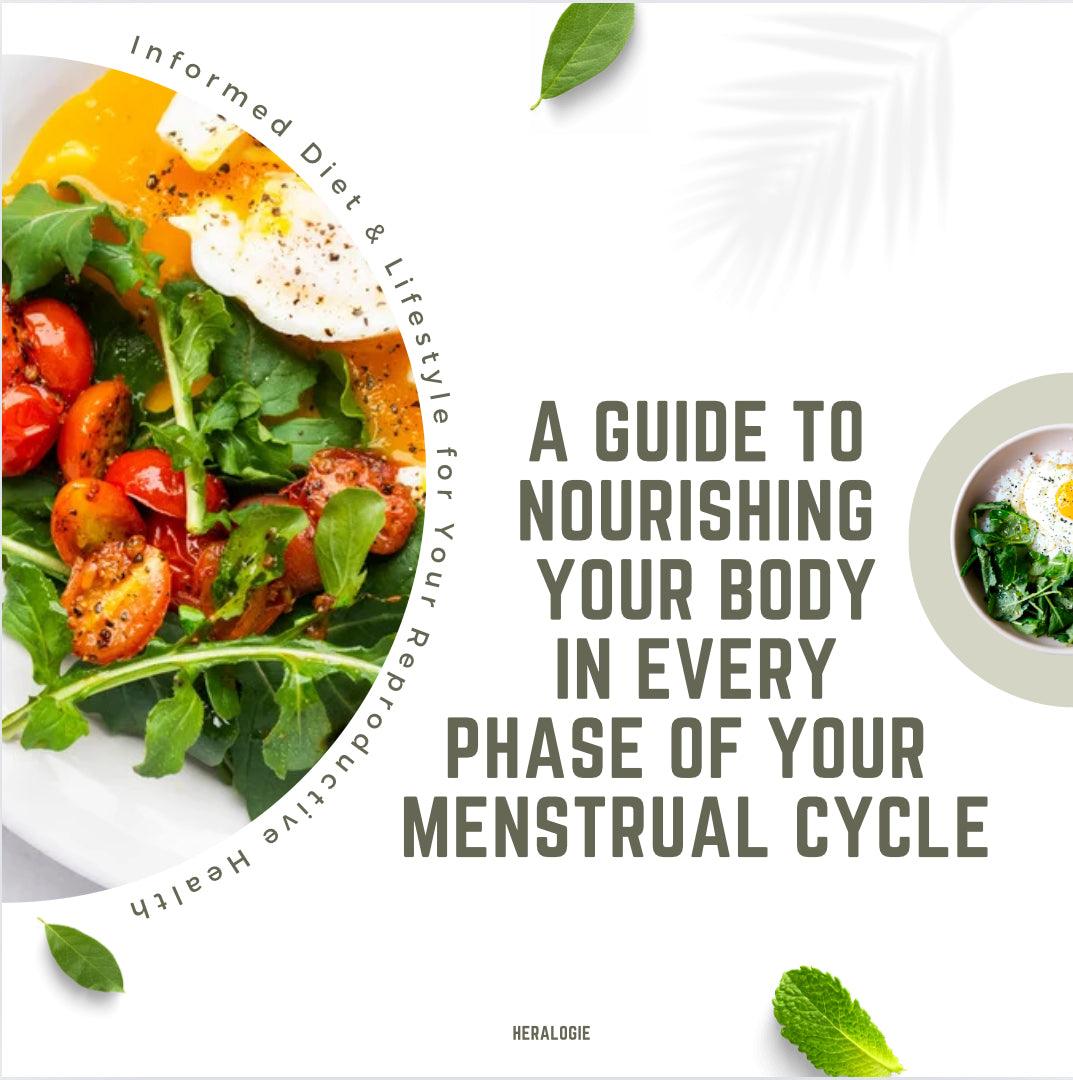 Colorful salad with greens, tomatoes, poached egg, and text about menstrual cycle nutrition guide