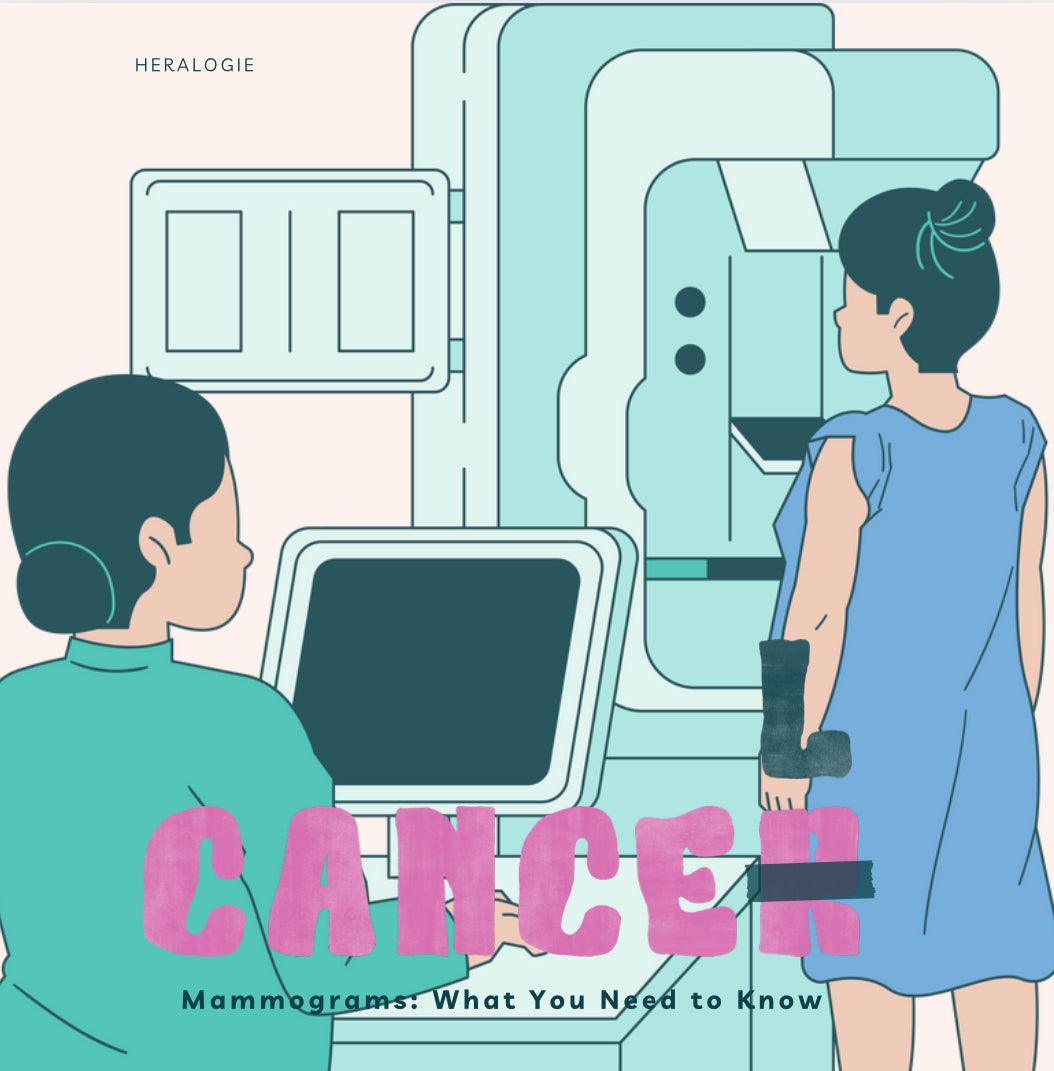 Woman in blue gown having a mammogram, technician operates screening machine, cancer awareness