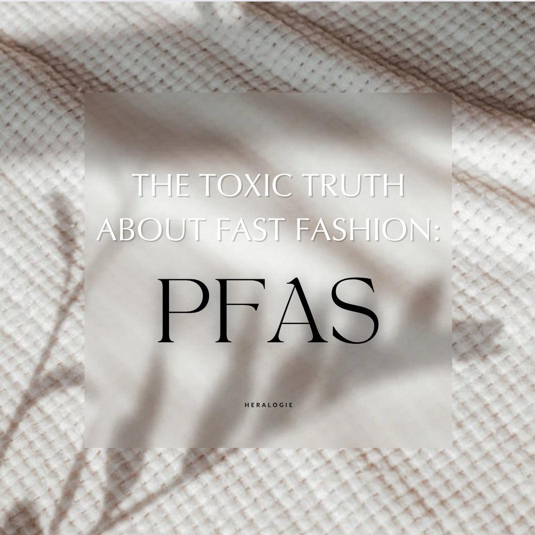 Text graphic about PFAS in fast fashion over textile fabric background