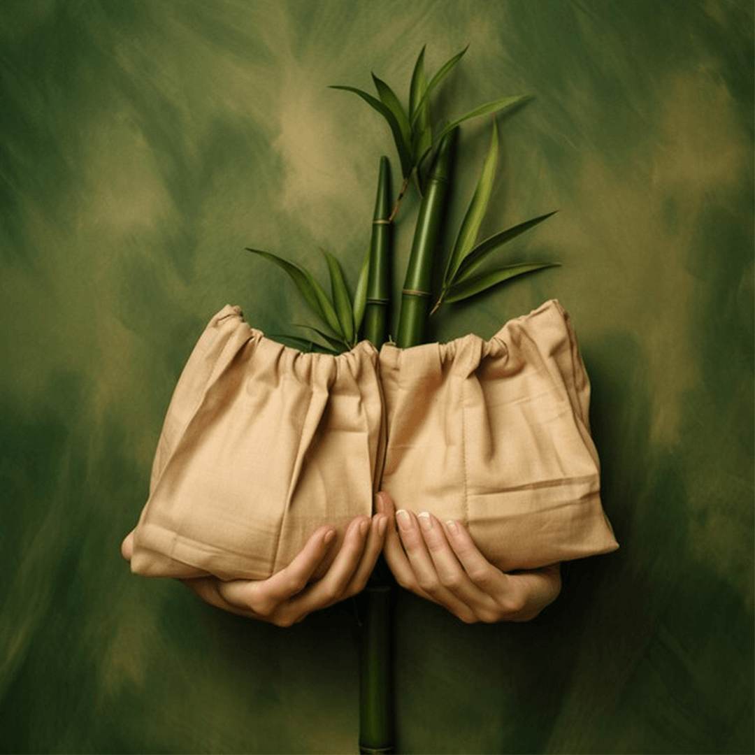 Hands holding eco-friendly cloth bags with bamboo stalks on a green background, symbolizing sustainable period care.