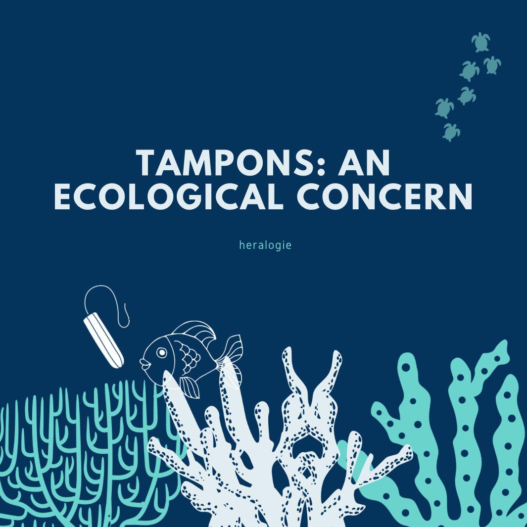 Tampons polluting ocean with illustrated coral, fish, turtles, and environmental impact text