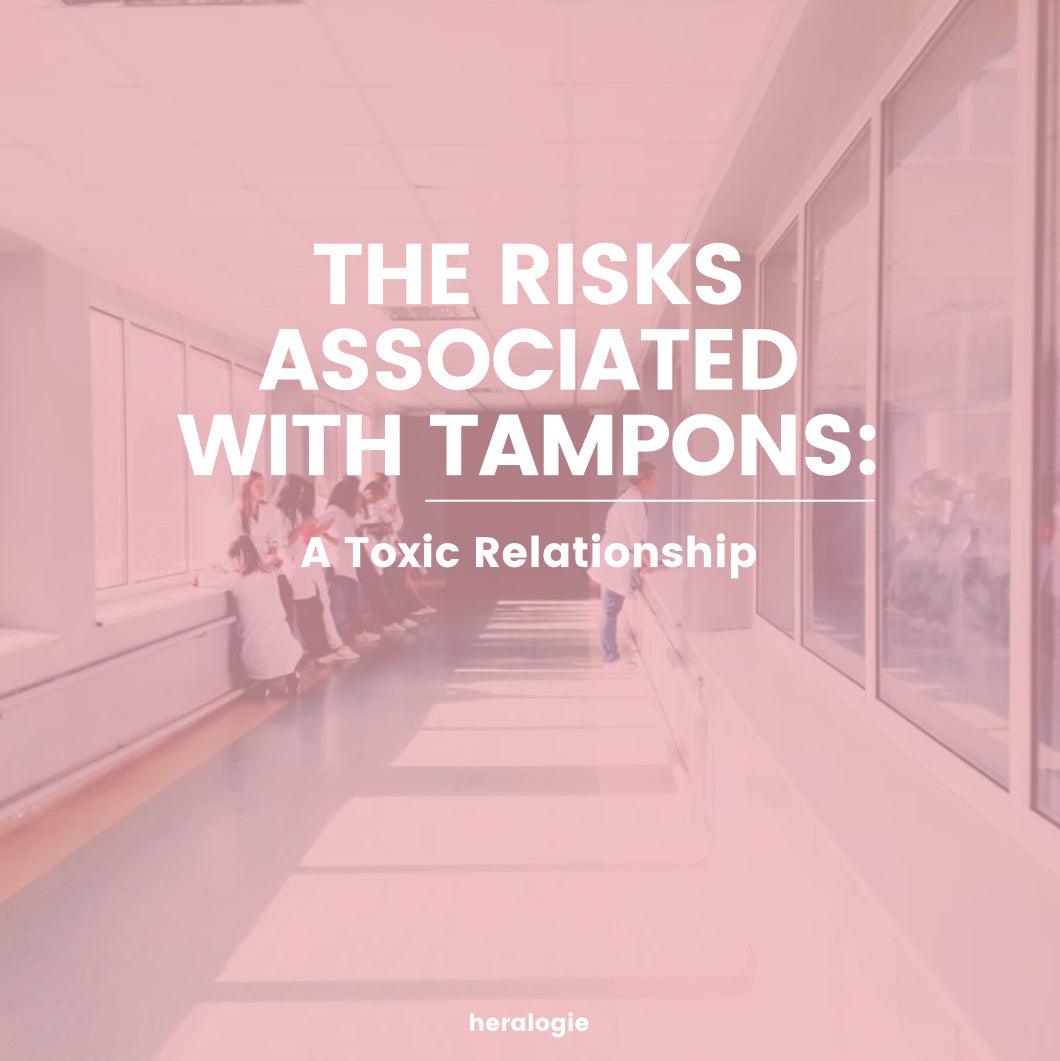 Healthcare professionals in hospital hallway with text highlighting risks linked to tampons
