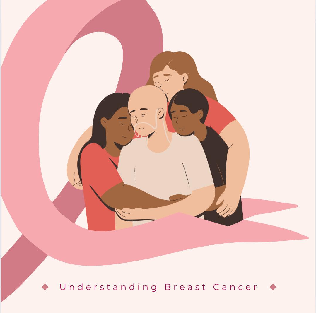 Diverse group hugging a bald person in support, pink ribbon symbol for breast cancer awareness.