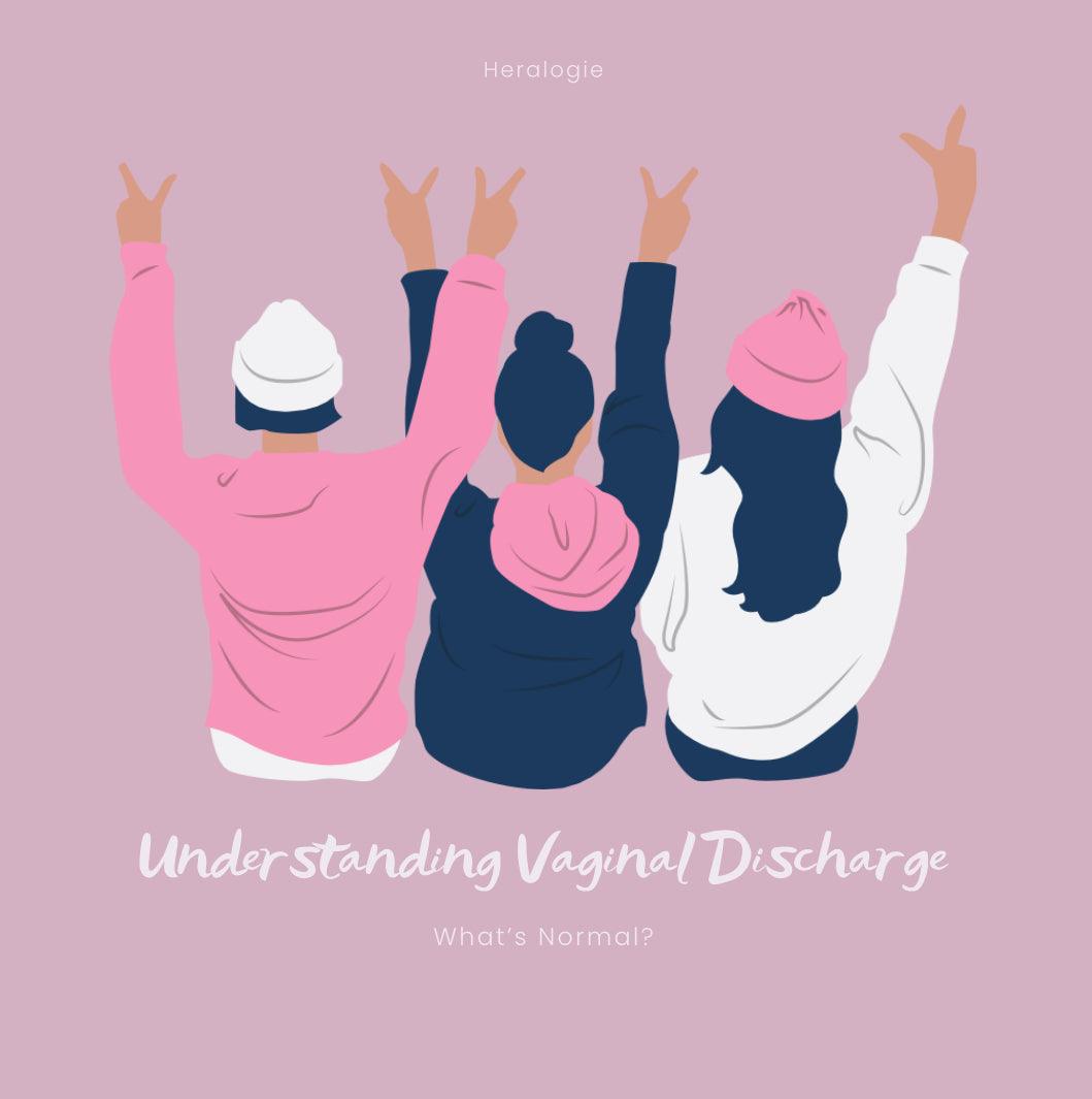 Illustration of three women in pink clothing raising peace signs, text reads Understanding Vaginal Discharge, What's Normal?